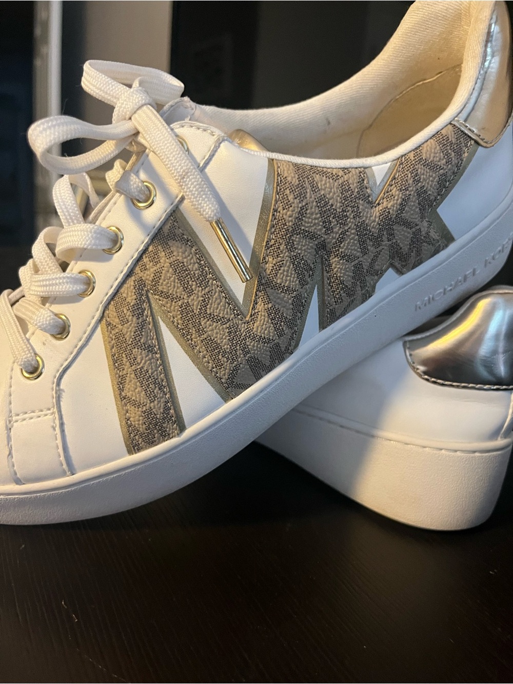 Michael Kors White Sneakers with Gold Accents and Logo Print